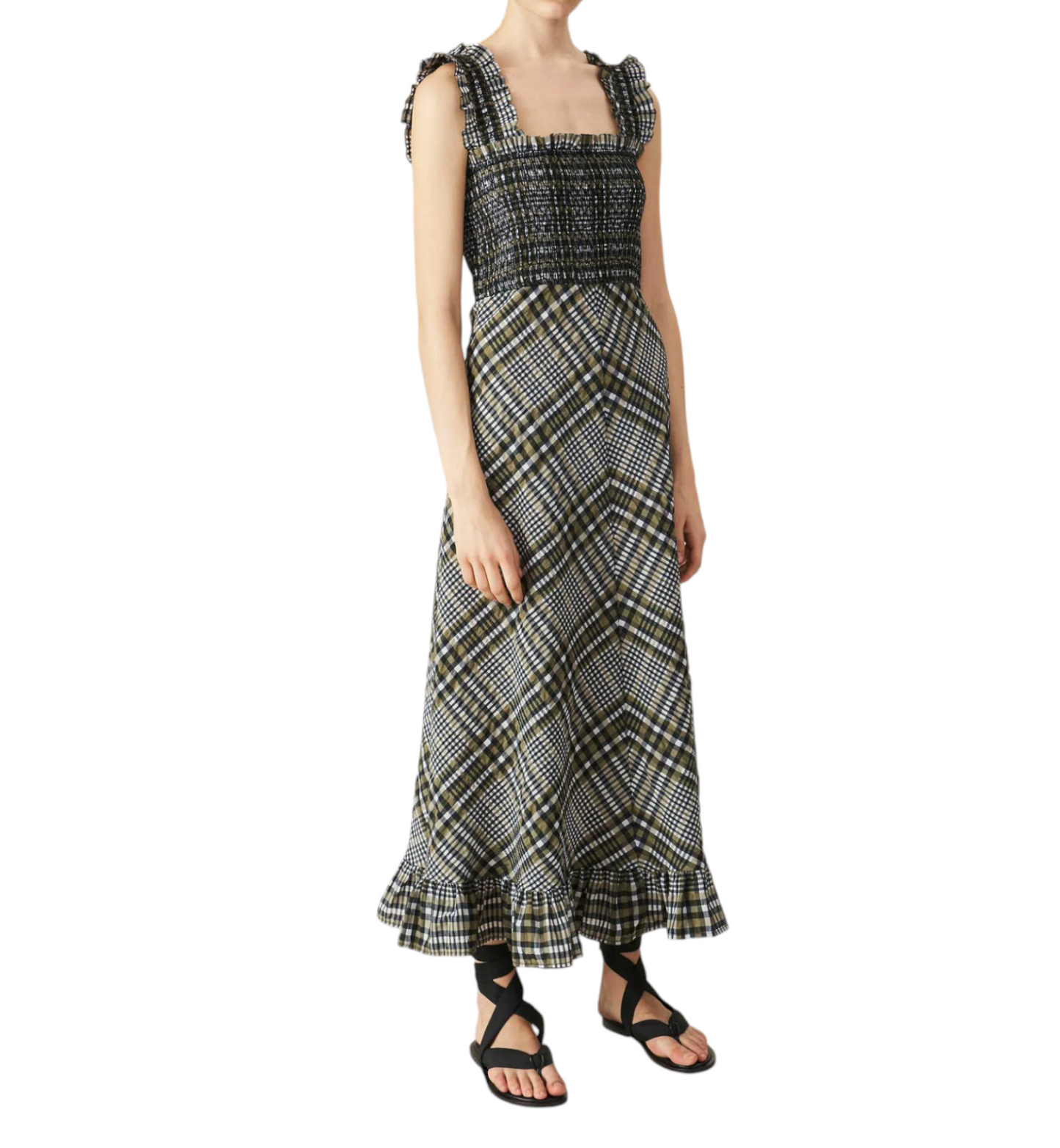 GANNI Seersucker Midi Dress | Sz 38, Gingham/Checkered, Wide Strap, Shirred