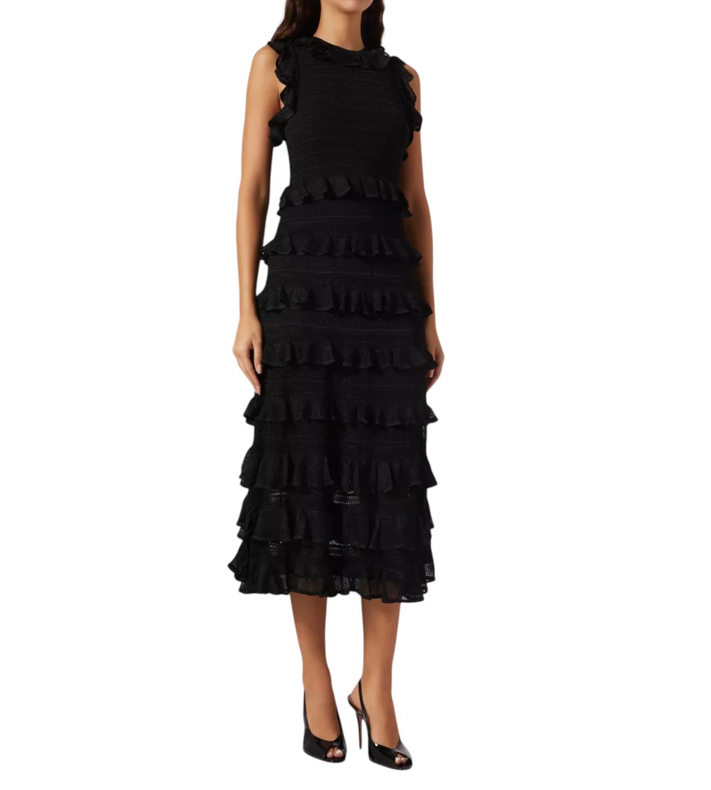 Zimmermann Hypnotic lace knit racer dress | Midi, Black, Tiered, Knitted, Ruffle