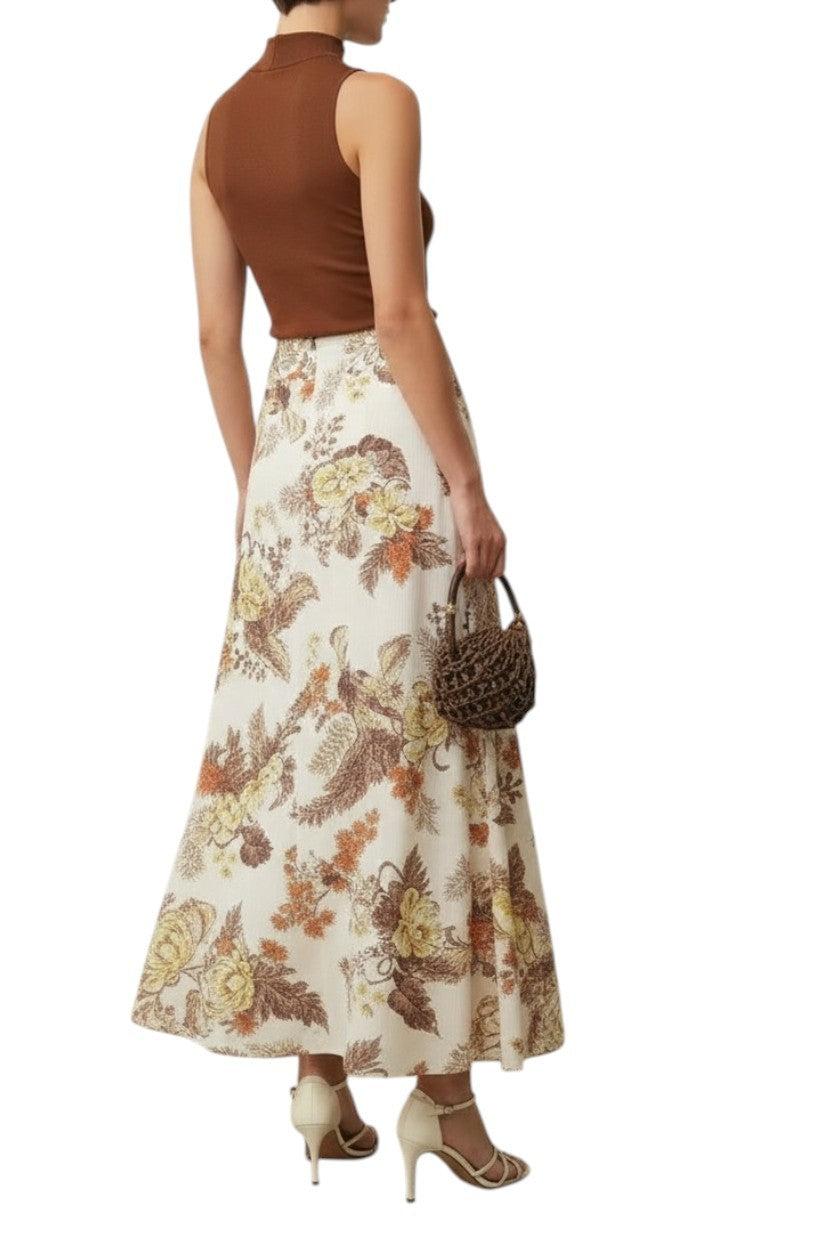 Zimmermann Matchmaker Floral Flare Skirt | White/Brown, Linen/Silk Blend, Midi
