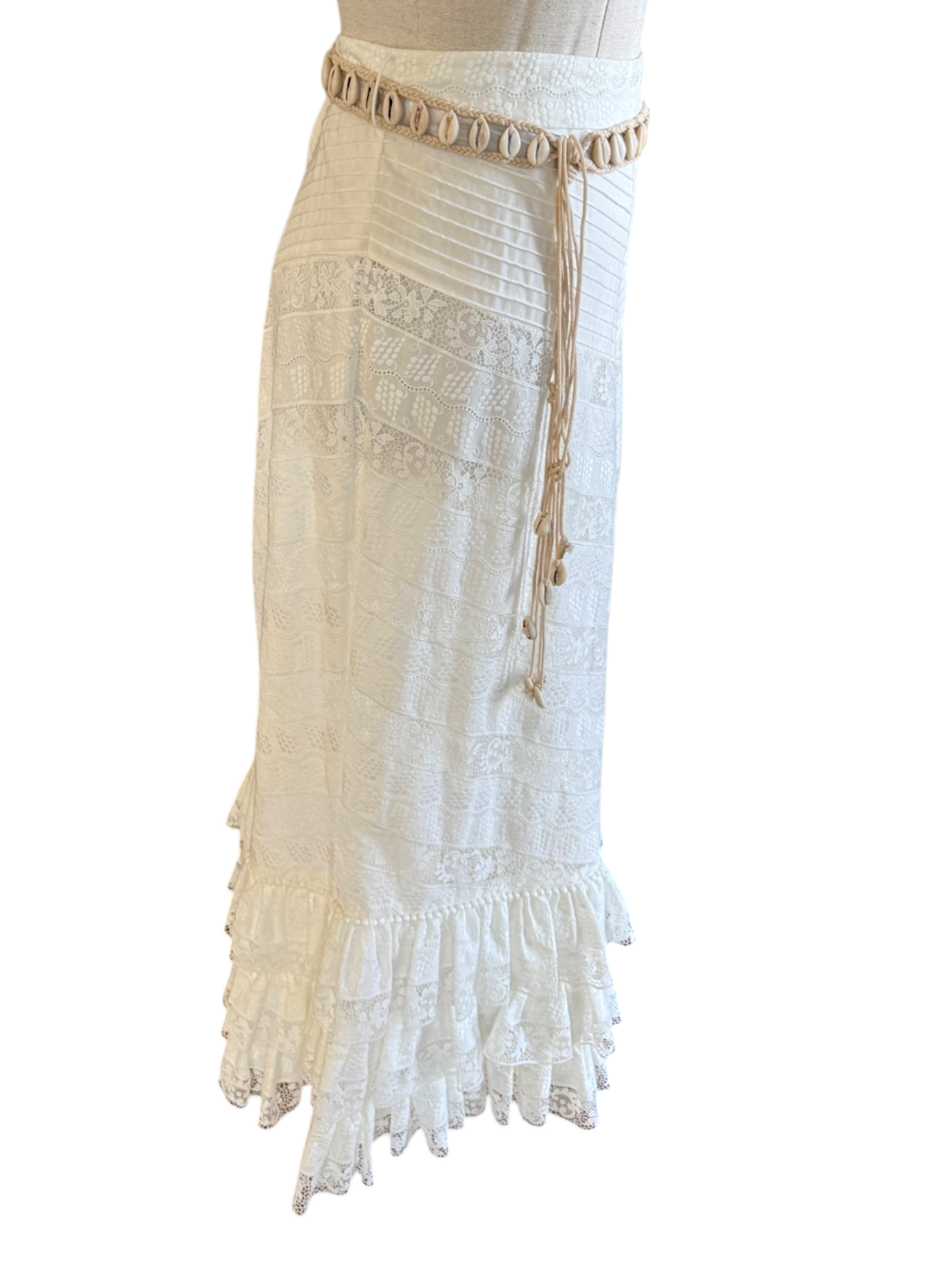 Zimmermann Veneto Perennial Lace Midi Skirt | White, Tiers, Belt, High Waist