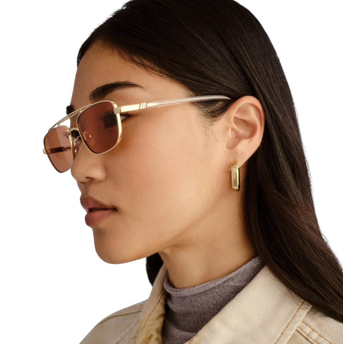 Le Specs Le Mimi Sunglasses | Gold Frame, Cinnamon Tint, Modern Aviator, Metal