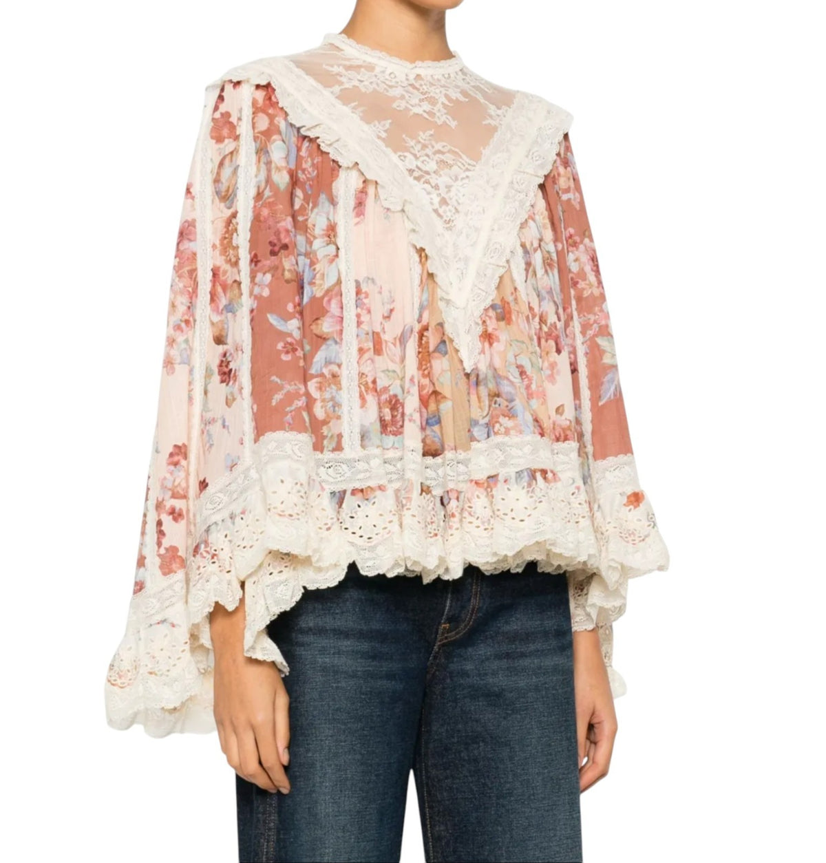 Zimmermann Awaken Lace Trim Blouse | Spliced Floral | Relaxed, Flutter Sleeve