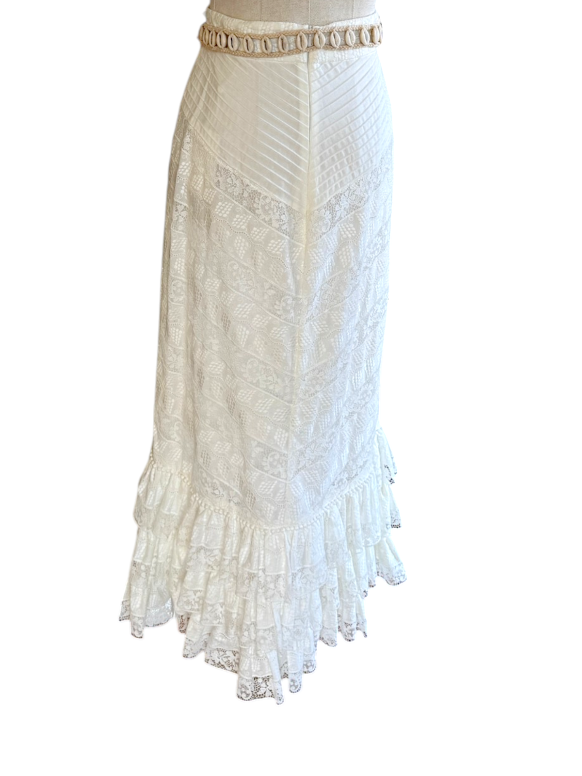 Zimmermann Veneto Perennial Lace Midi Skirt | White, Tiers, Belt, High Waist