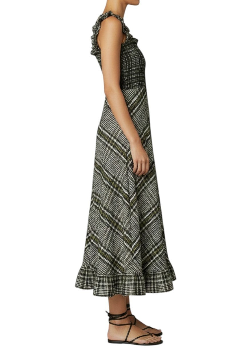 GANNI Seersucker Midi Dress | Sz 38, Gingham/Checkered, Wide Strap, Shirred