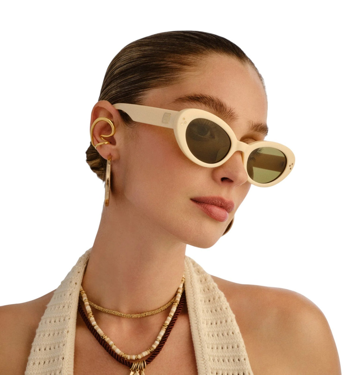 Le Specs Tootsie Sunglasses | Off White/Cream Acetate, Green Mono Lens, Cat Eye