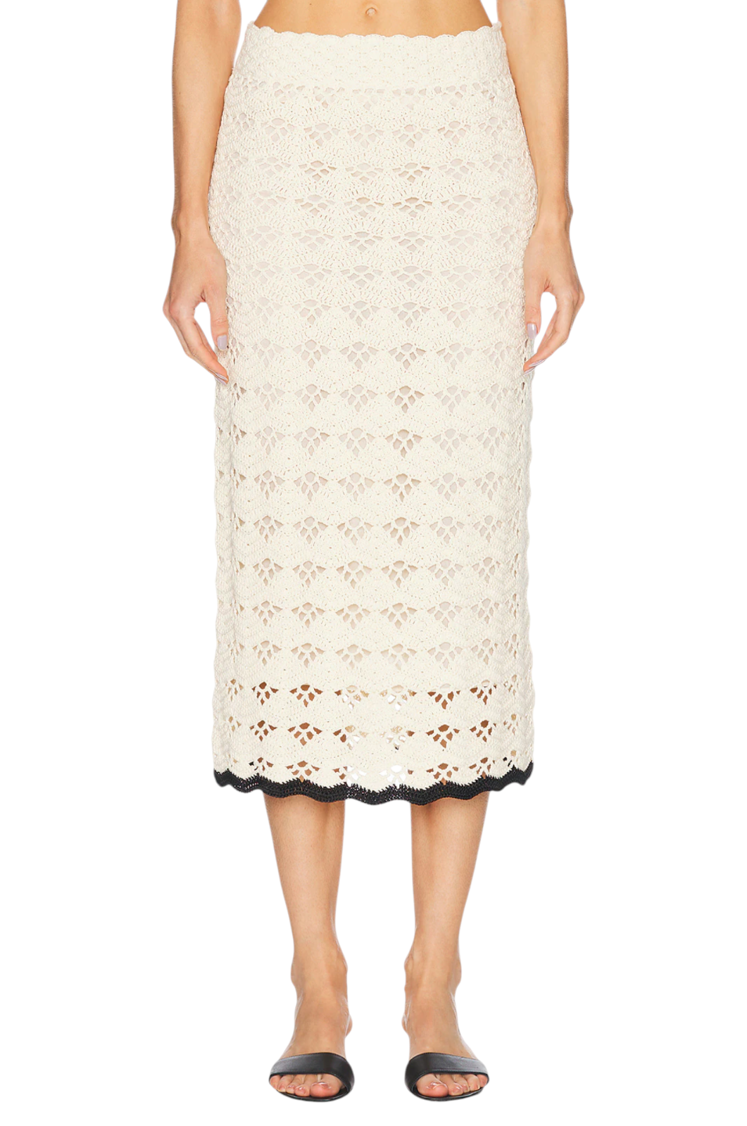 Zimmermann Rhiannon Crochet Midi Skirt |Cream/Black Trim, Stretch, Elastic Waist