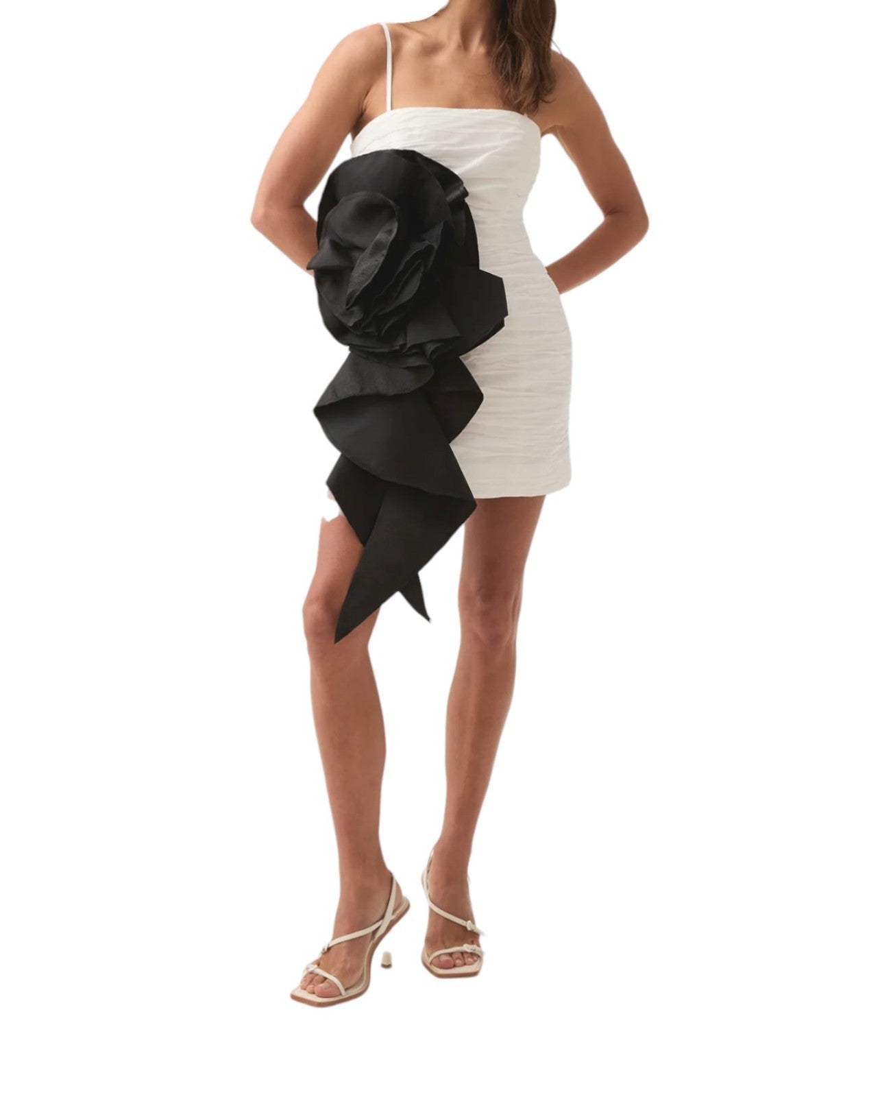 Aje Potion Spiral Mini dress |White/Black Large Flower, Ruched, Removable Straps