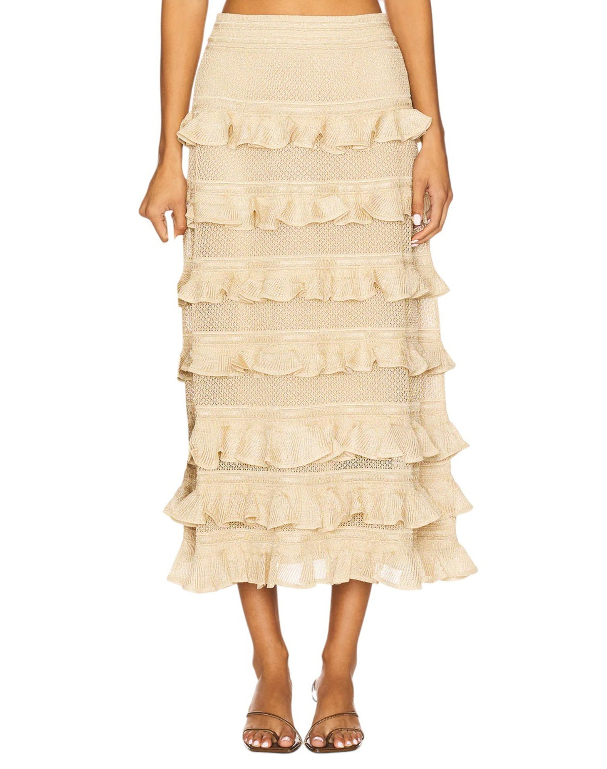 Zimmermann Hypnotic lace Midi Skirt | Midi, Metallic Gold, Tiered, Knit, Ruffle