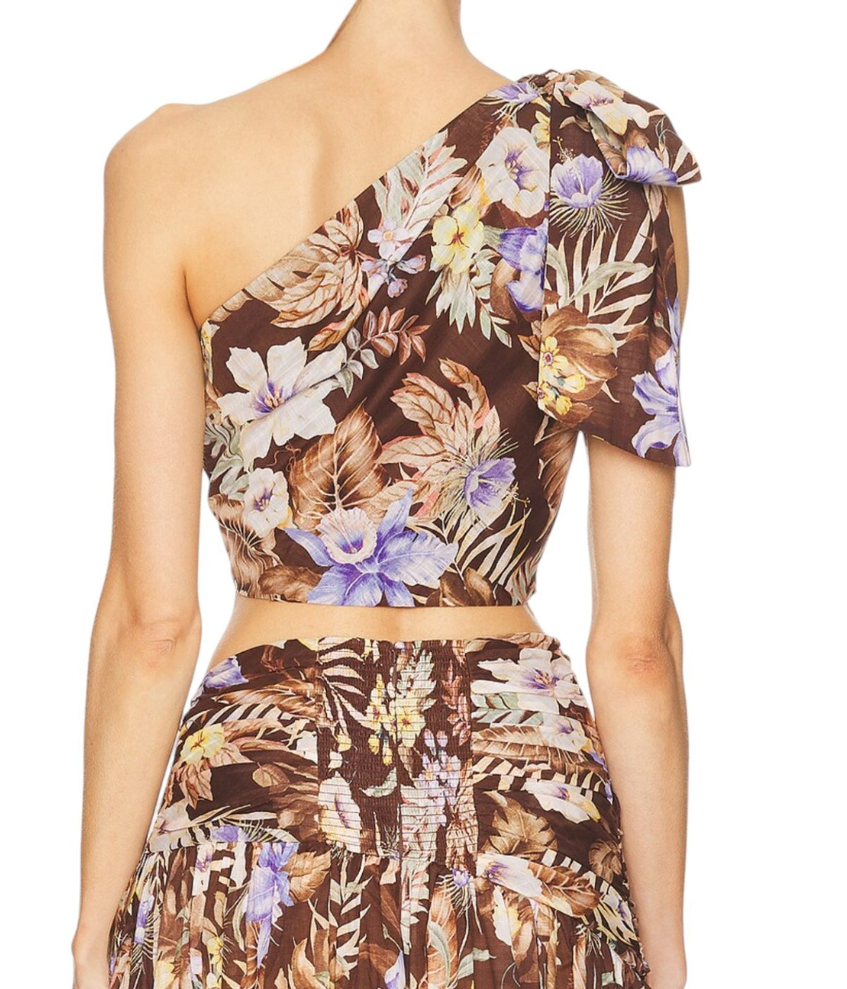 Zimmermann Coco Cropped Bodice Top | Brown Choc Floral, Linen, One Shoulder, Bow