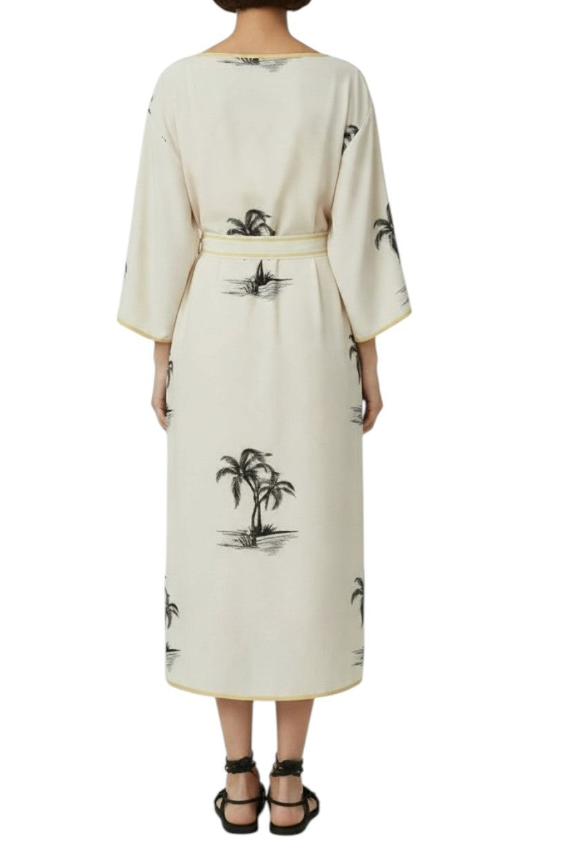 Zimmermann Tunic Midi Dress | Cream/Black Palm Print, Silk, Belt, Kimono, Slip