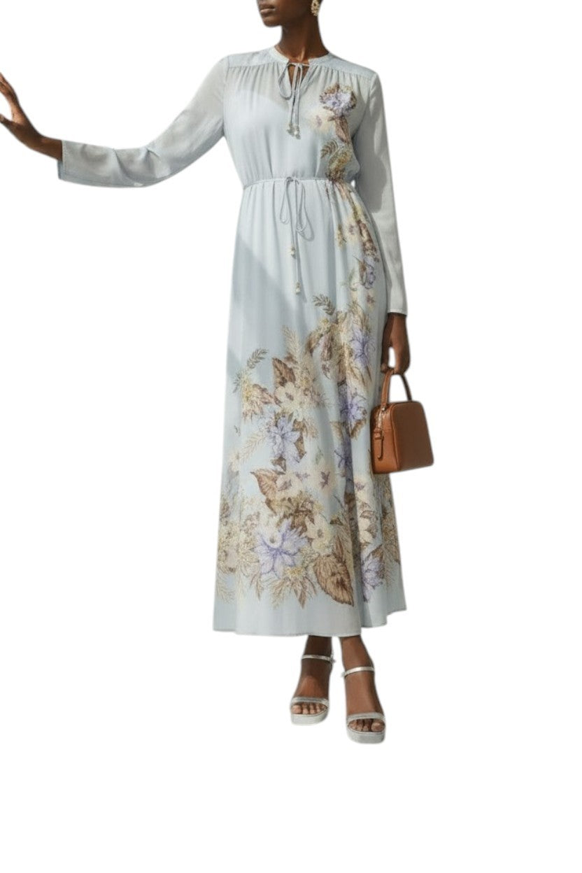 Zimmermann Coco Billow Maxi Dress | Baby Blue Floral, 100%b Silk, Long Sleeve