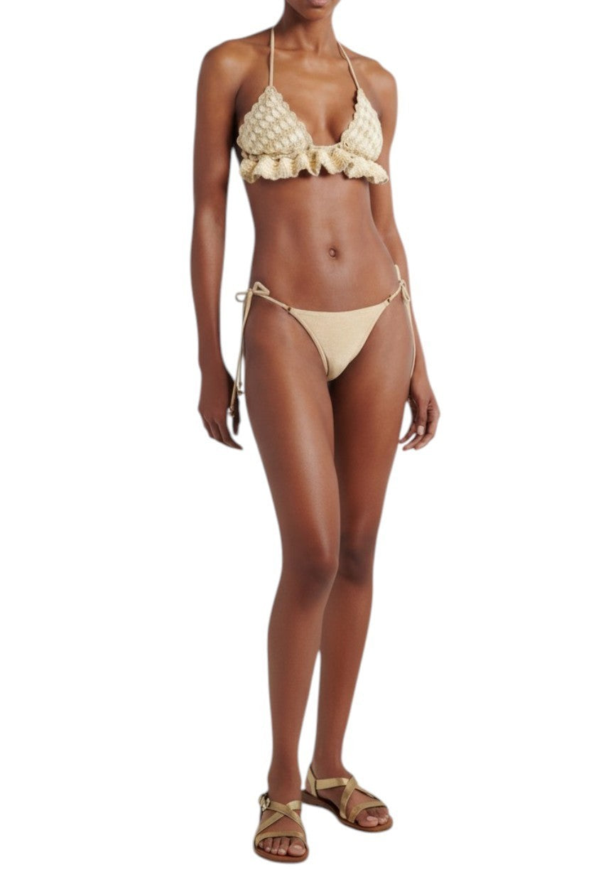Zimmermann Wanderlust Crochet Tri Bikini |Hand-made, Metallic Gold/Cream, Ruffle
