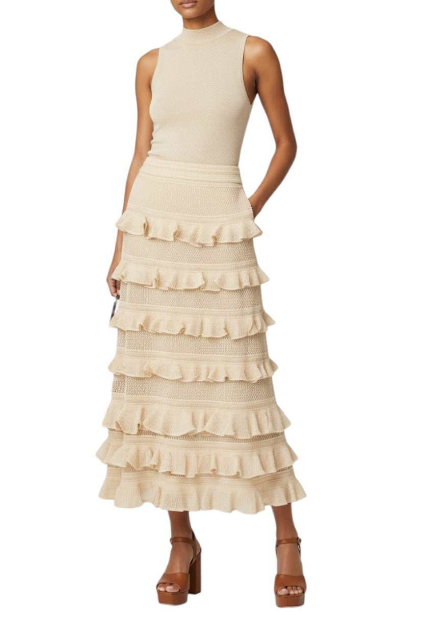 Zimmermann Hypnotic lace Midi Skirt | Midi, Metallic Gold, Tiered, Knit, Ruffle