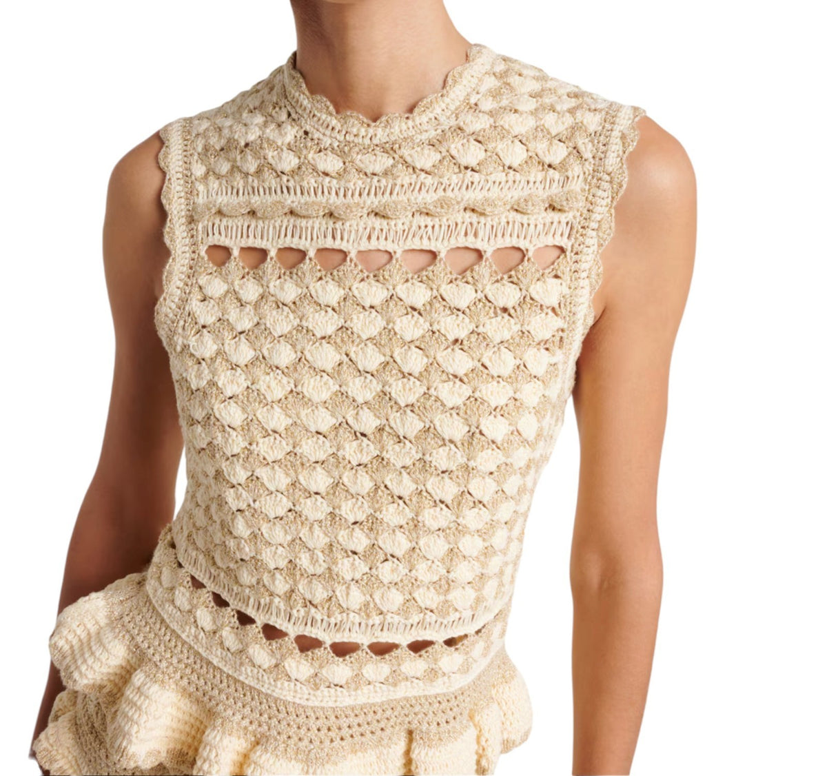 Zimmermann Wanderlust Crochet Top | Metallic gold/beige/cream, Peplum, Knitted