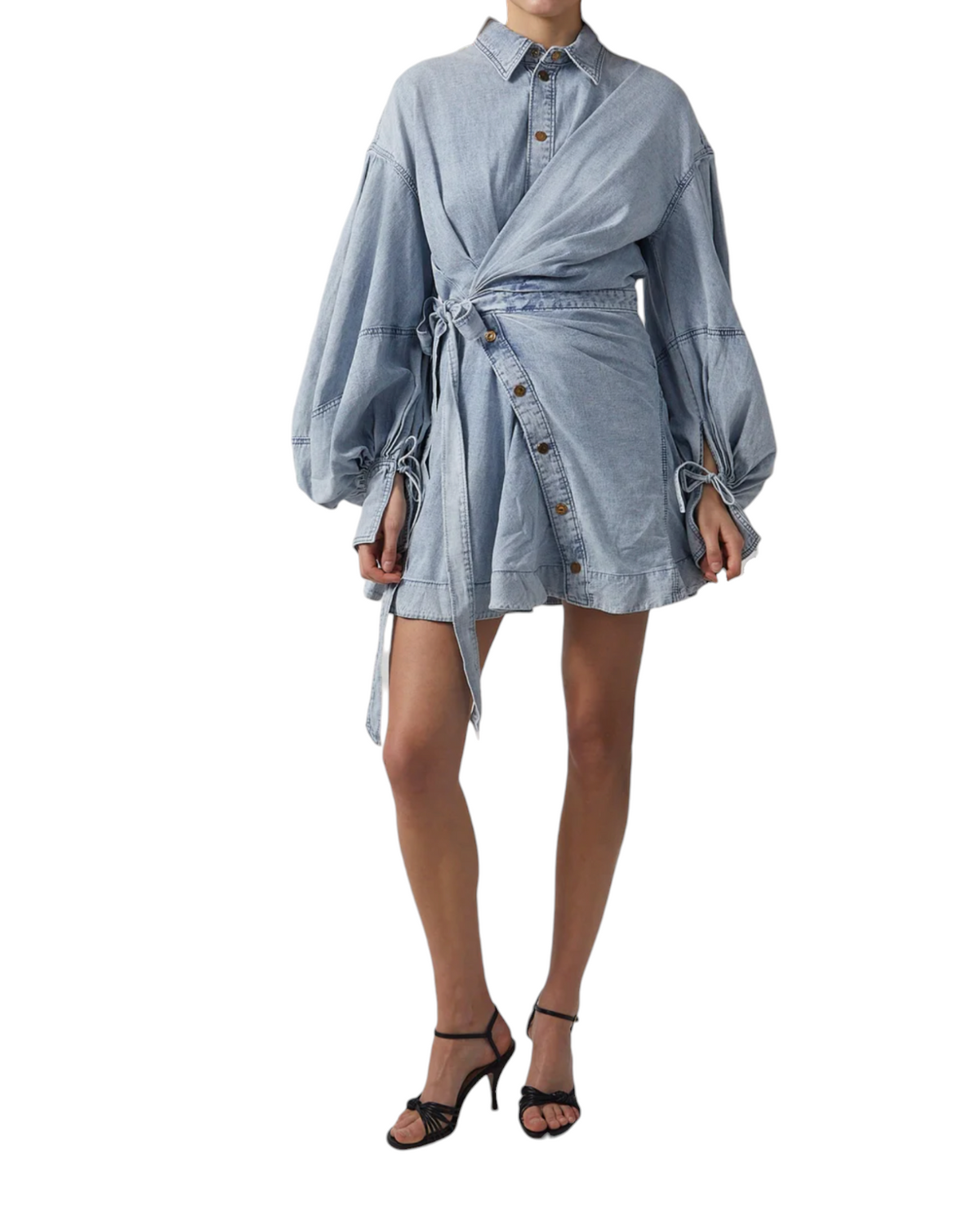 Zimmermann Rebellion Denim Wrap Mini | Light Blue, Puff Sleeves, Collar, Buttons