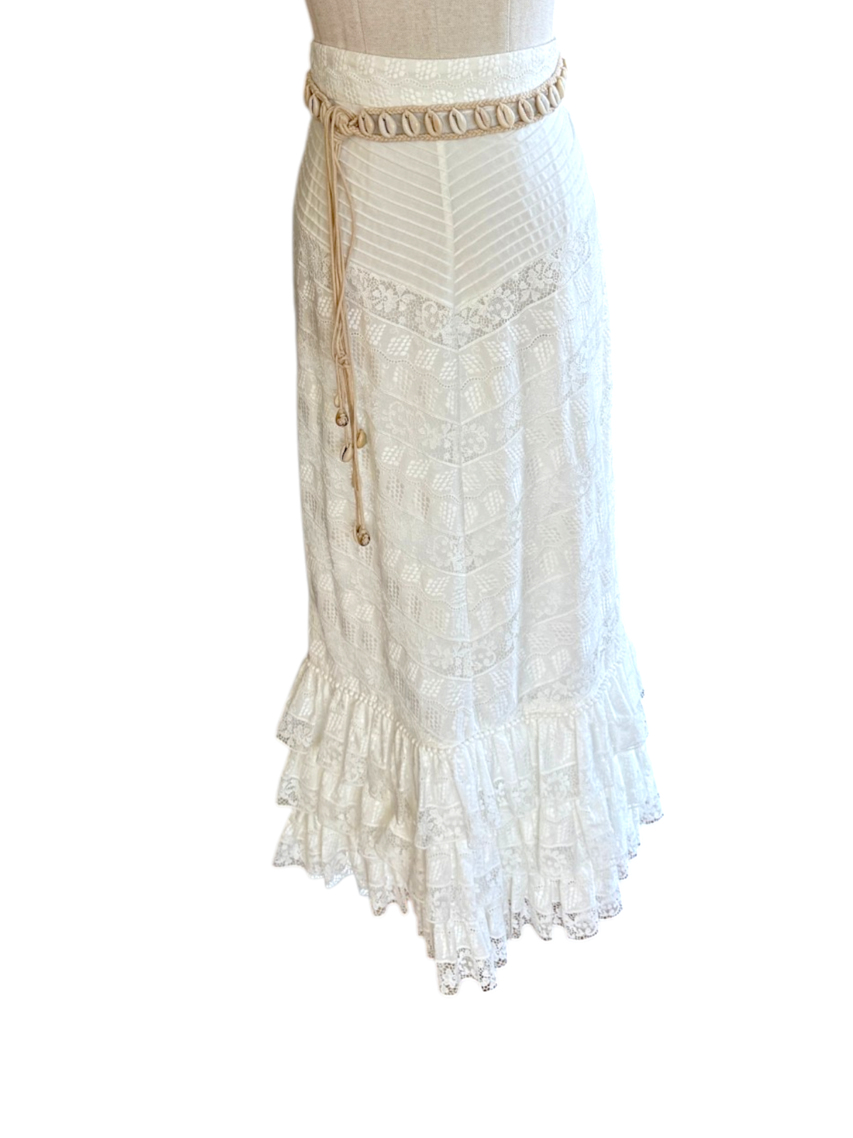 Zimmermann Veneto Perennial Lace Midi Skirt | White, Tiers, Belt, High Waist