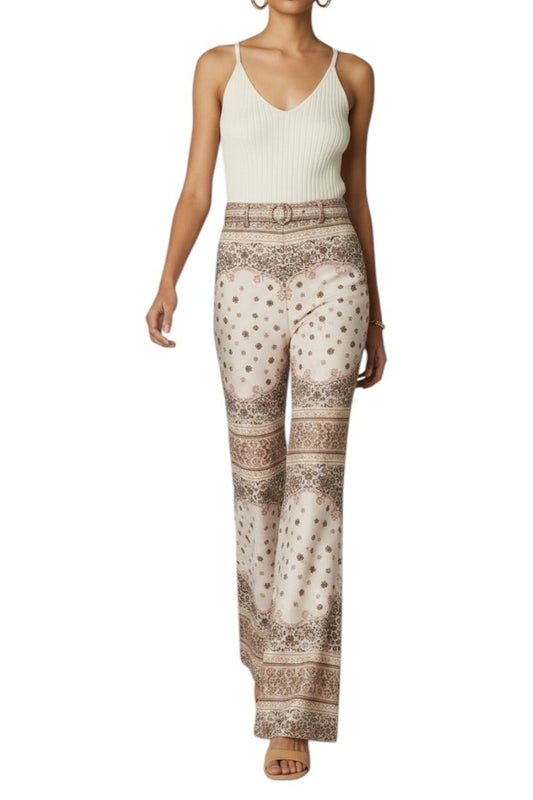 Zimmermann Wide Leg Pant | Bandana Print, High Waist, Belt, Flared, Cream/Pink