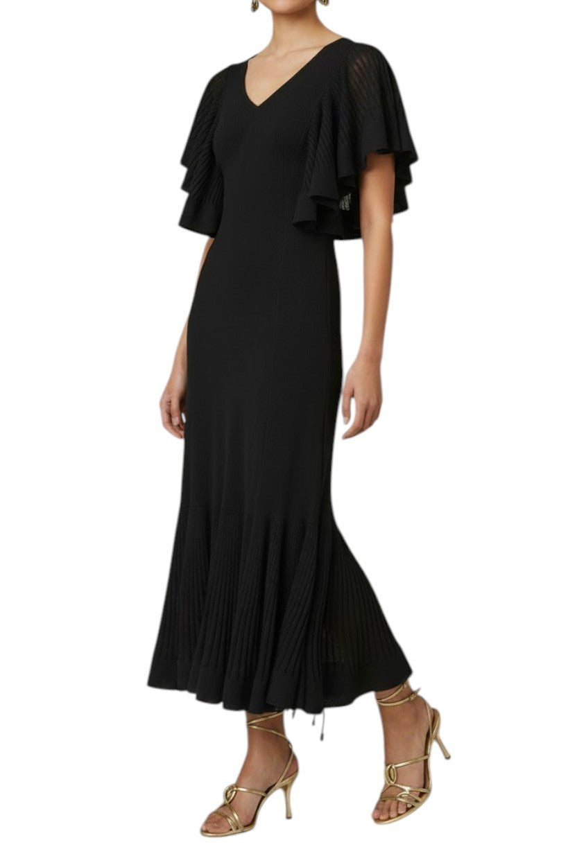 Zimmermann Pleated Frill Maxi Dress|Black, Knitted, Midi, Flutter Sleeve, V Neck