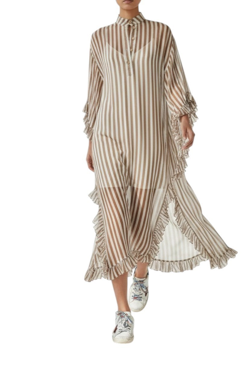 Zimmermann Balance Ruffle Tunic Dress | Khaki /White Stripe, Kaftan, Sheer