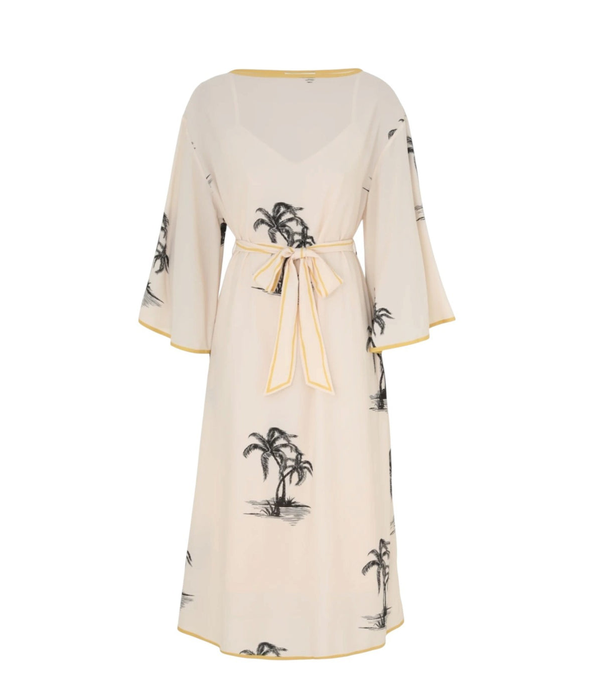 Zimmermann Tunic Midi Dress | Cream/Black Palm Print, Silk, Belt, Kimono, Slip