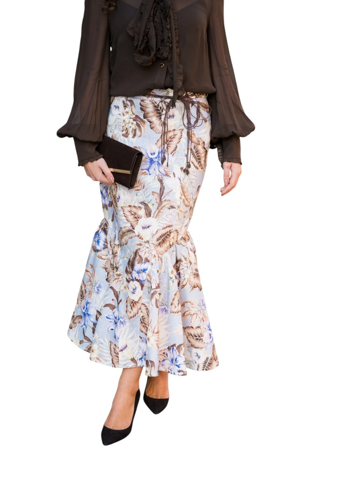 Zimmermann Coco Fit + Flare Midi Skirt | Powder Blue/Brown Floral, Belt, Linen