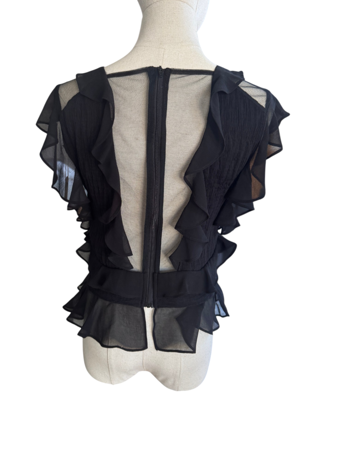 Shakuhachi Black Mesh Frill Top | Sz 10, Sheer Mesh Inserts, Stretch, Ruffles