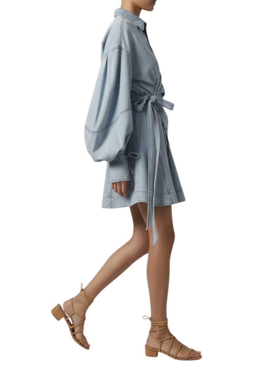 Zimmermann Rebellion Denim Wrap Mini | Light Blue, Puff Sleeves, Collar, Buttons