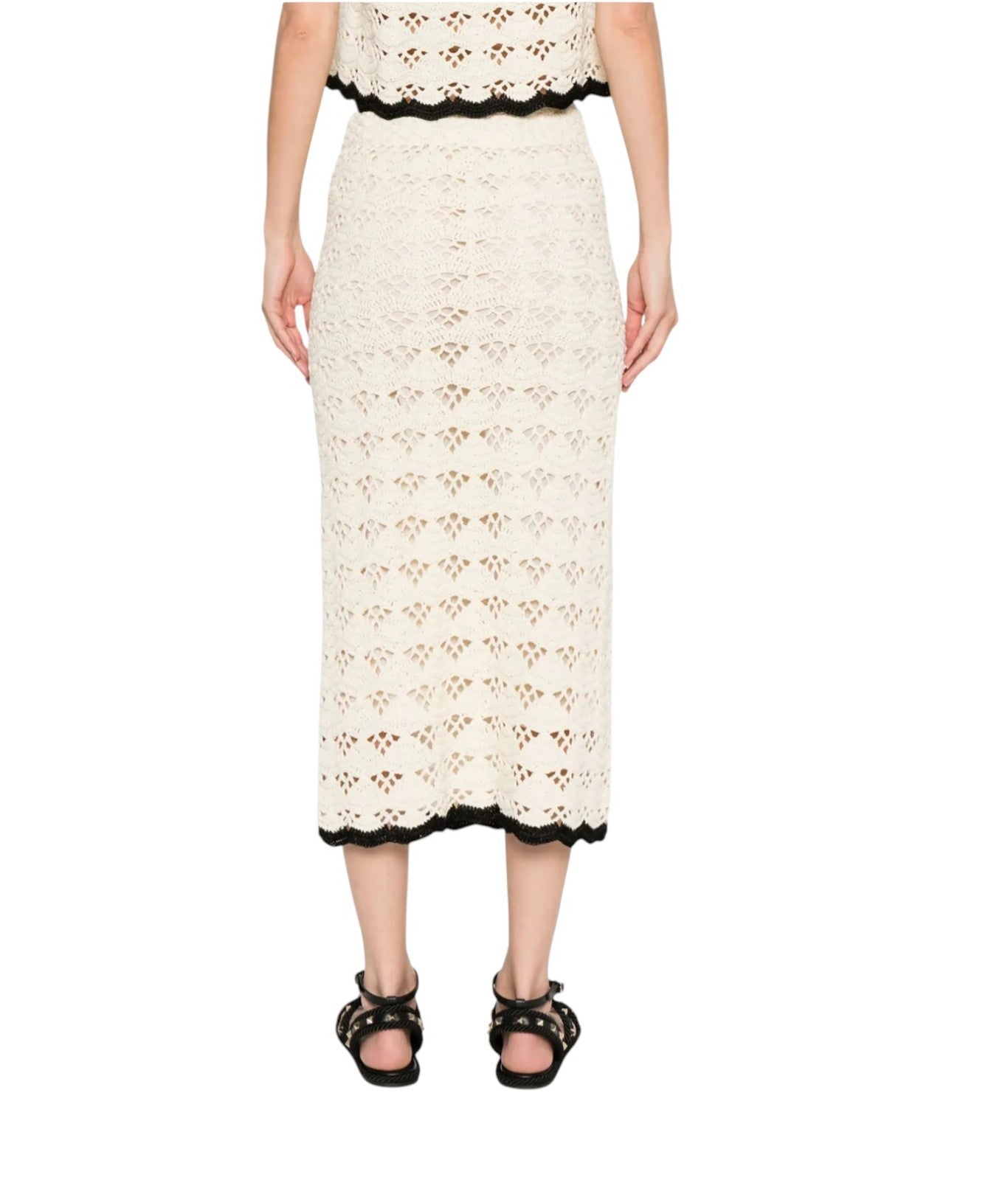 Zimmermann Rhiannon Crochet Midi Skirt |Cream/Black Trim, Stretch, Elastic Waist