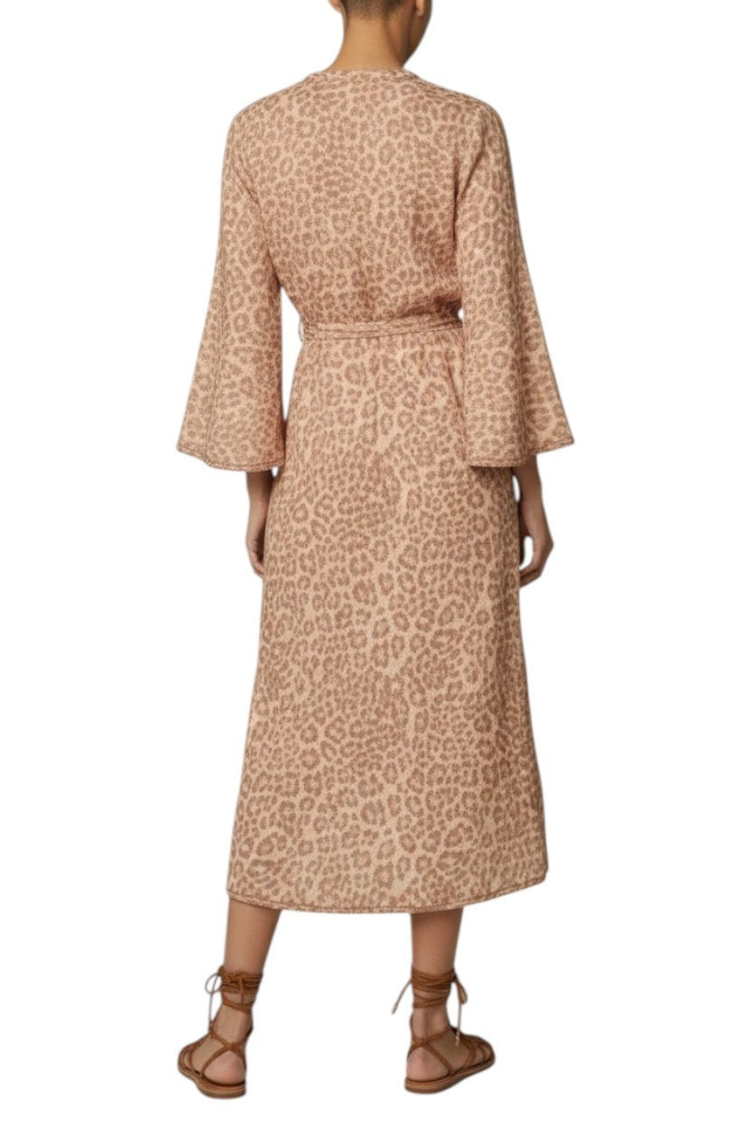 Zimmermann Awaken Braid Trim Midi Dress | Tan Leopard, Linen, Belt, Side Slits