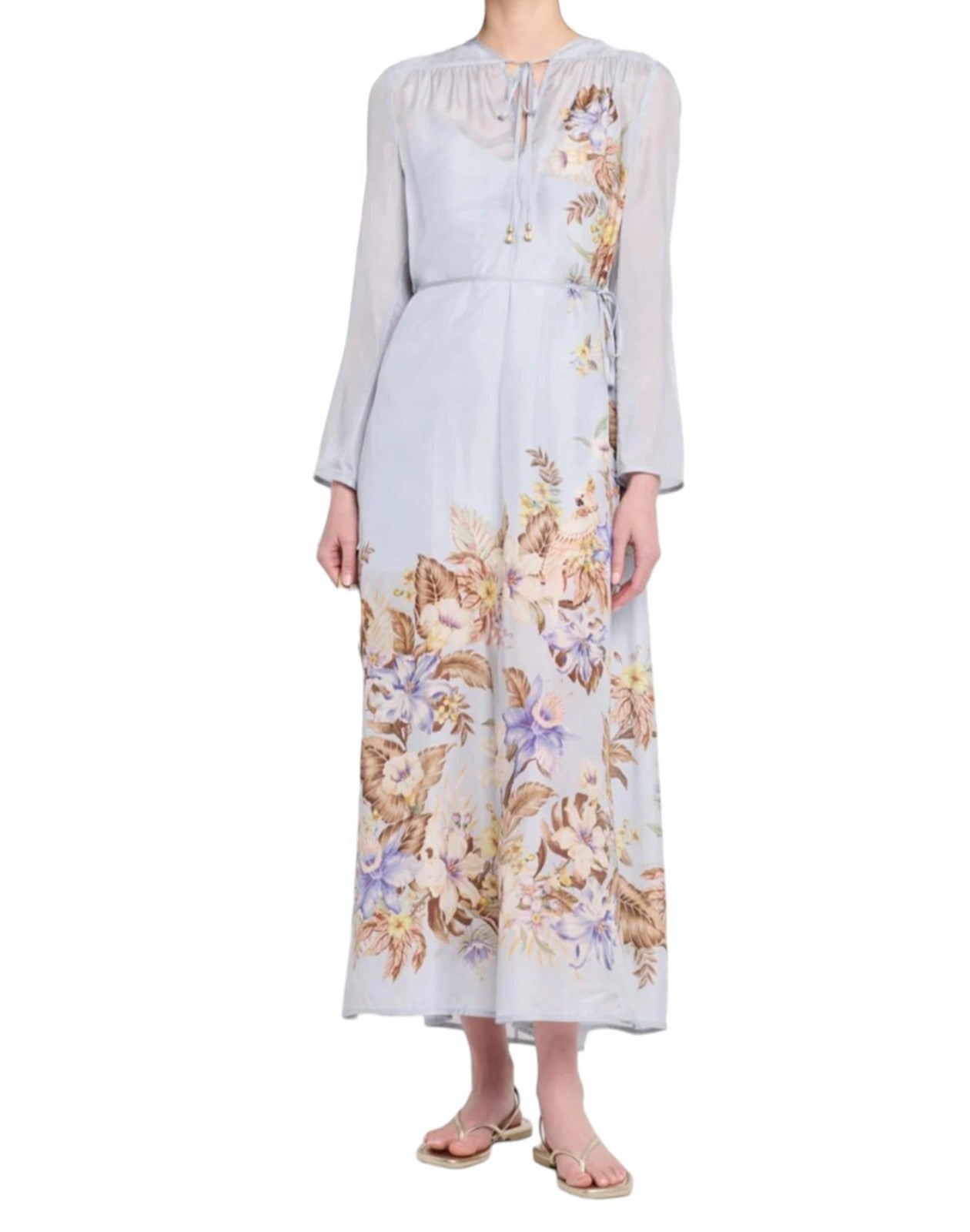 Zimmermann Coco Billow Maxi Dress | Baby Blue Floral, 100%b Silk, Long Sleeve