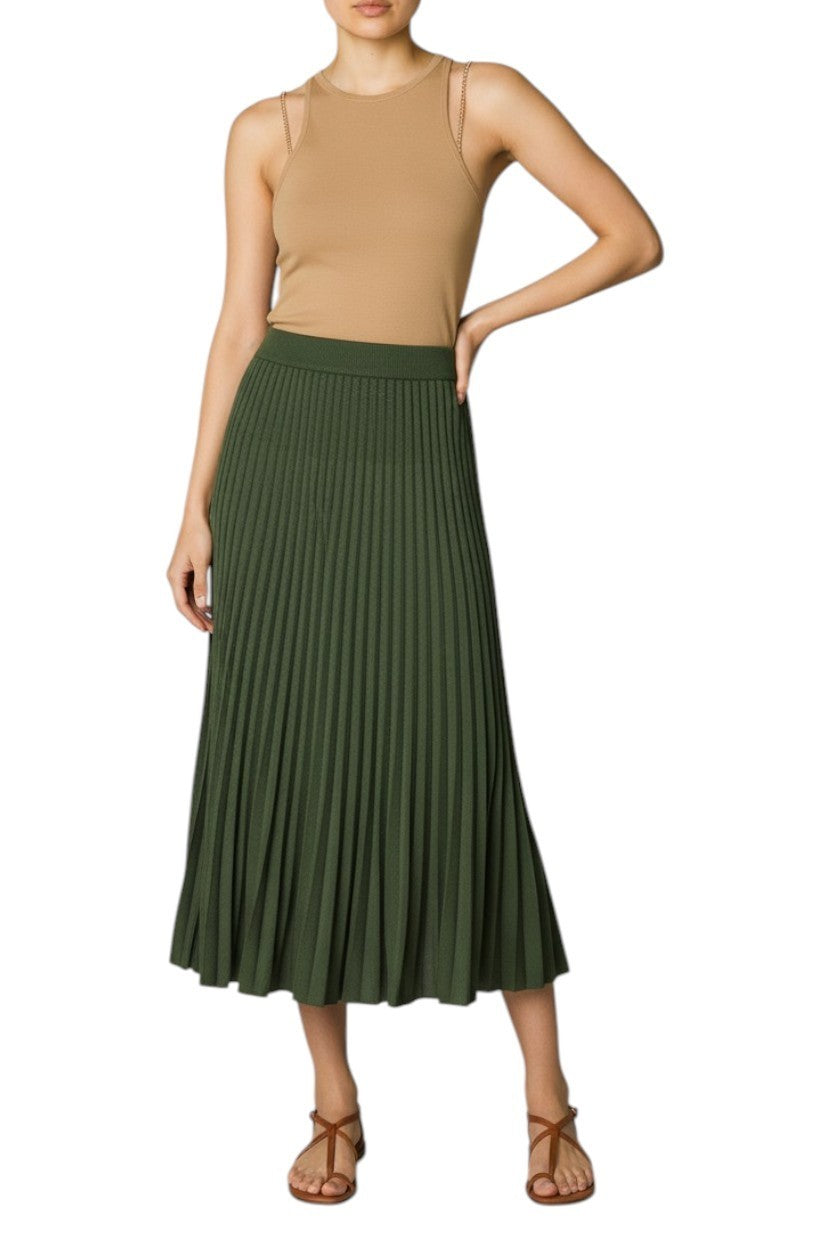 Zimmermann Pleated Rib Midi Skirt | Stretch, Knit, Dark Green, Elasticated Waist