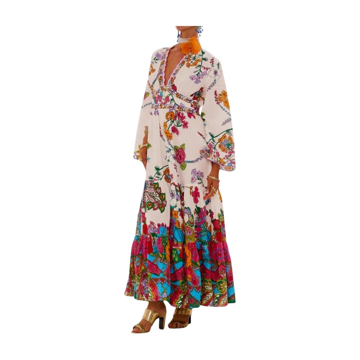 Camilla Dress w/ tiered skirt | Cosmic Prairie Floral, Maxi, White, Hand Made