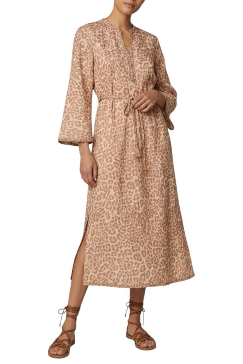 Zimmermann Awaken Braid Trim Midi Dress | Tan Leopard, Linen, Belt, Side Slits