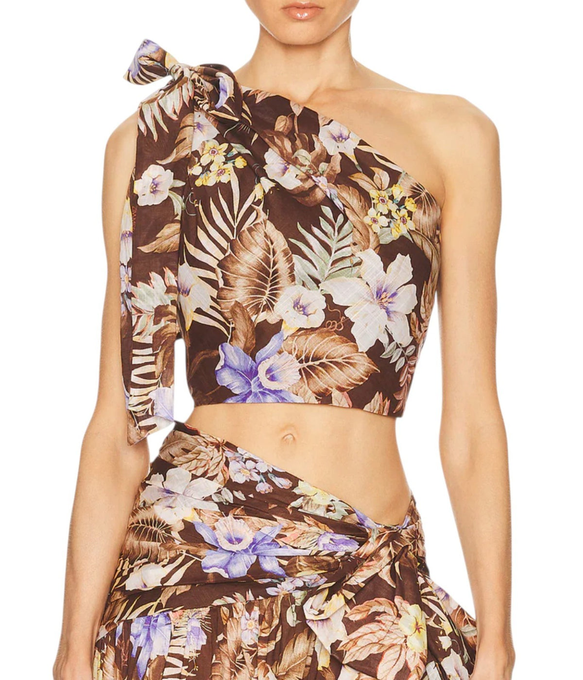 Zimmermann Coco Cropped Bodice Top | Brown Choc Floral, Linen, One Shoulder, Bow
