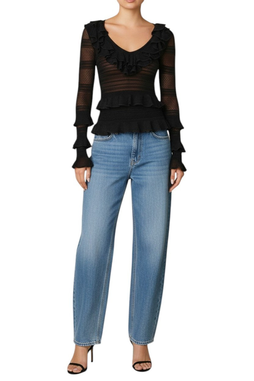 Zimmermann Crush Frilled V Neck Top |  Black, Long Sleeves, Sheer, Ruffles