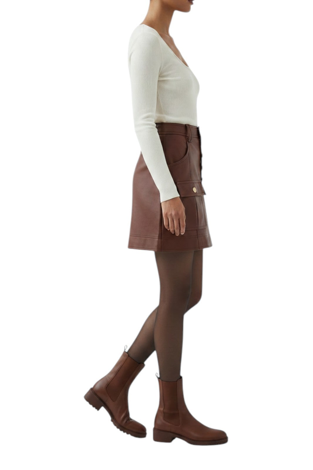 Aje. Sarina Mini Skirt | Sz 10, Vegan Leather, Toffee Brown/Tan, Gold Buttons