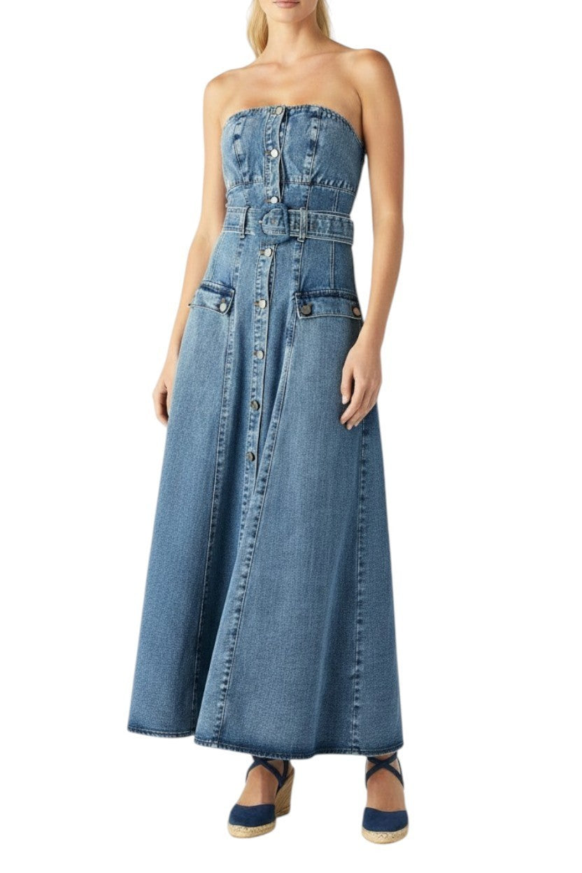 Mos The Label Aveline Denim Midi Dress | Strapless, Sz 8, Belt, Buttons