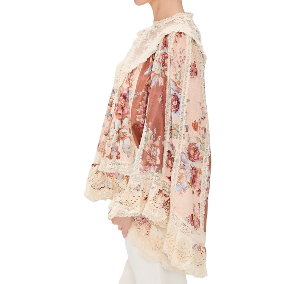Zimmermann Awaken Lace Trim Blouse | Spliced Floral | Relaxed, Flutter Sleeve