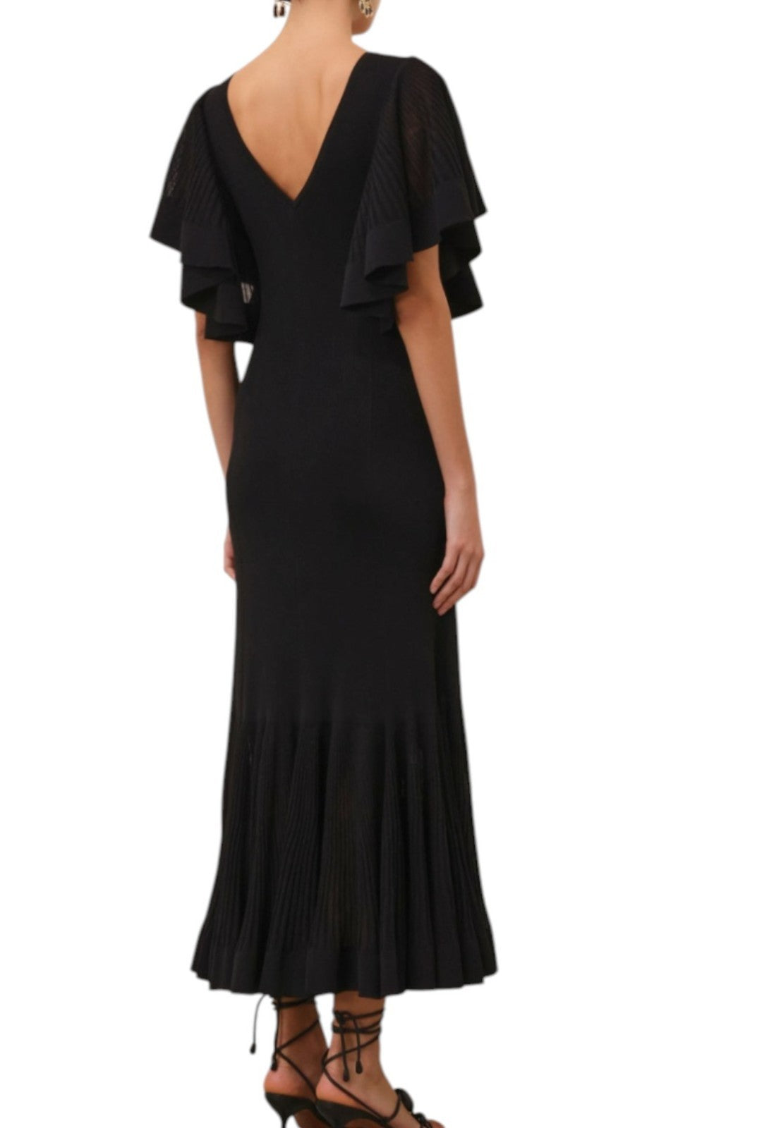 Zimmermann Pleated Frill Maxi Dress|Black, Knitted, Midi, Flutter Sleeve, V Neck