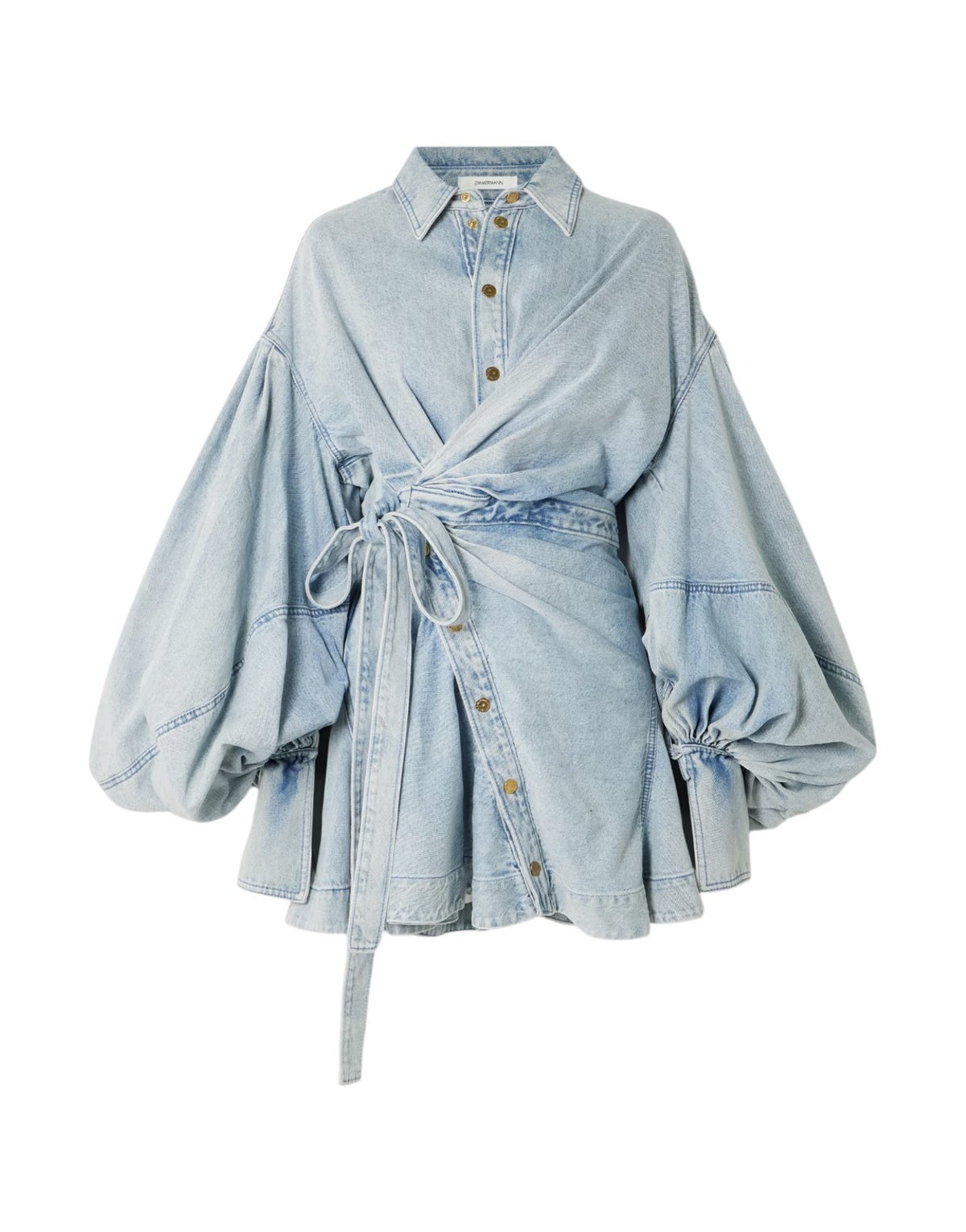 Zimmermann Rebellion Denim Wrap Mini | Light Blue, Puff Sleeves, Collar, Buttons