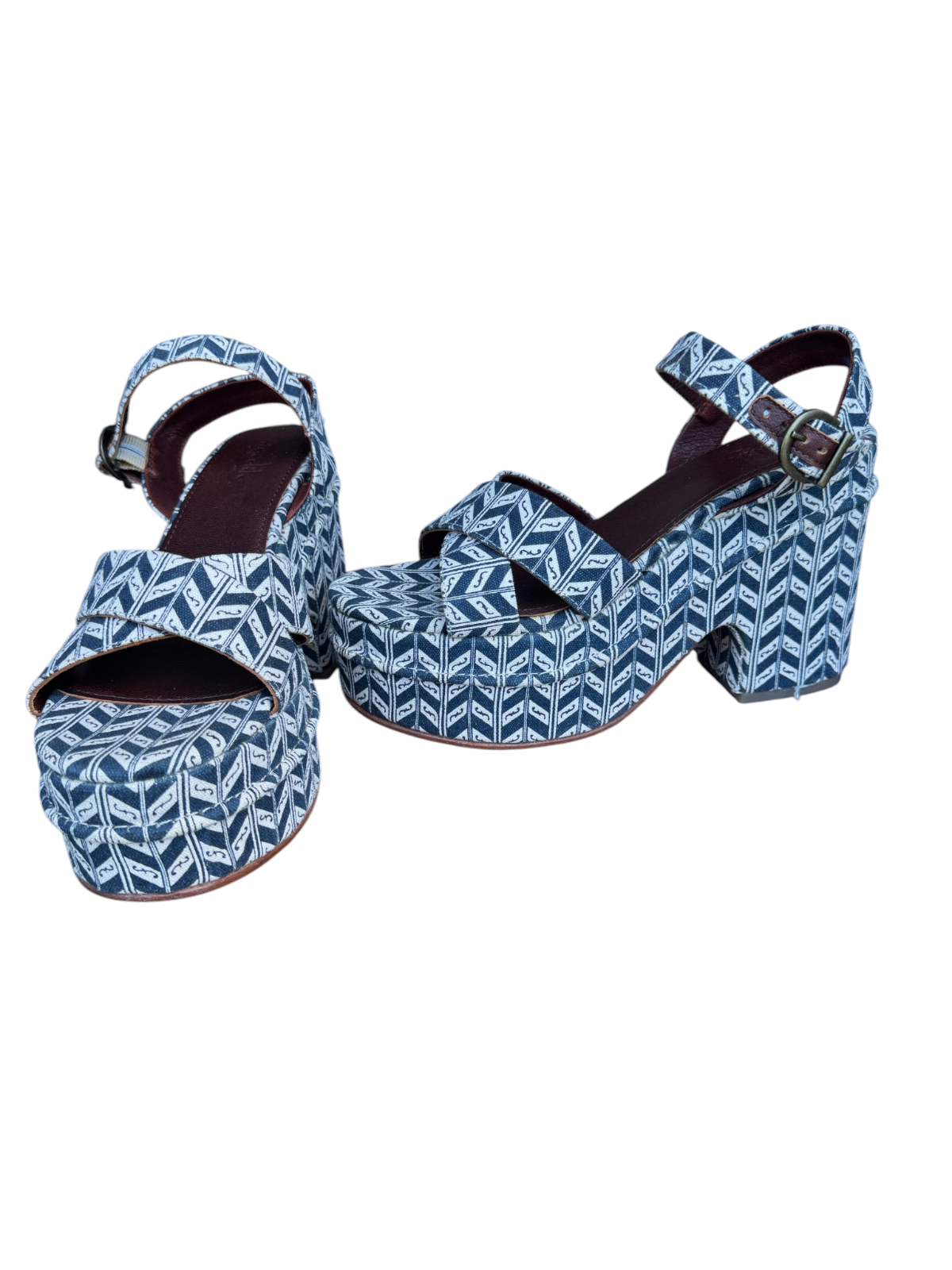 Tigerlily Kienna Violetta Platform Sandal | Sz 40, Blue & White, Print, Leather