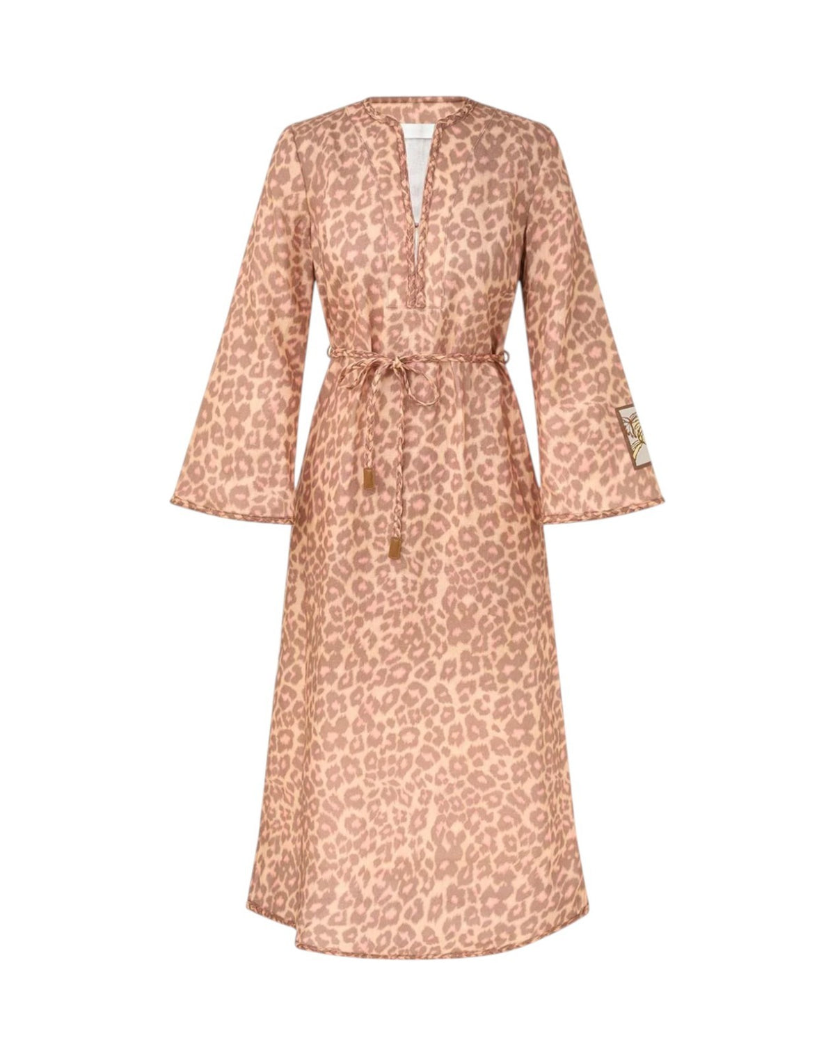 Zimmermann Awaken Braid Trim Midi Dress | Tan Leopard, Linen, Belt, Side Slits