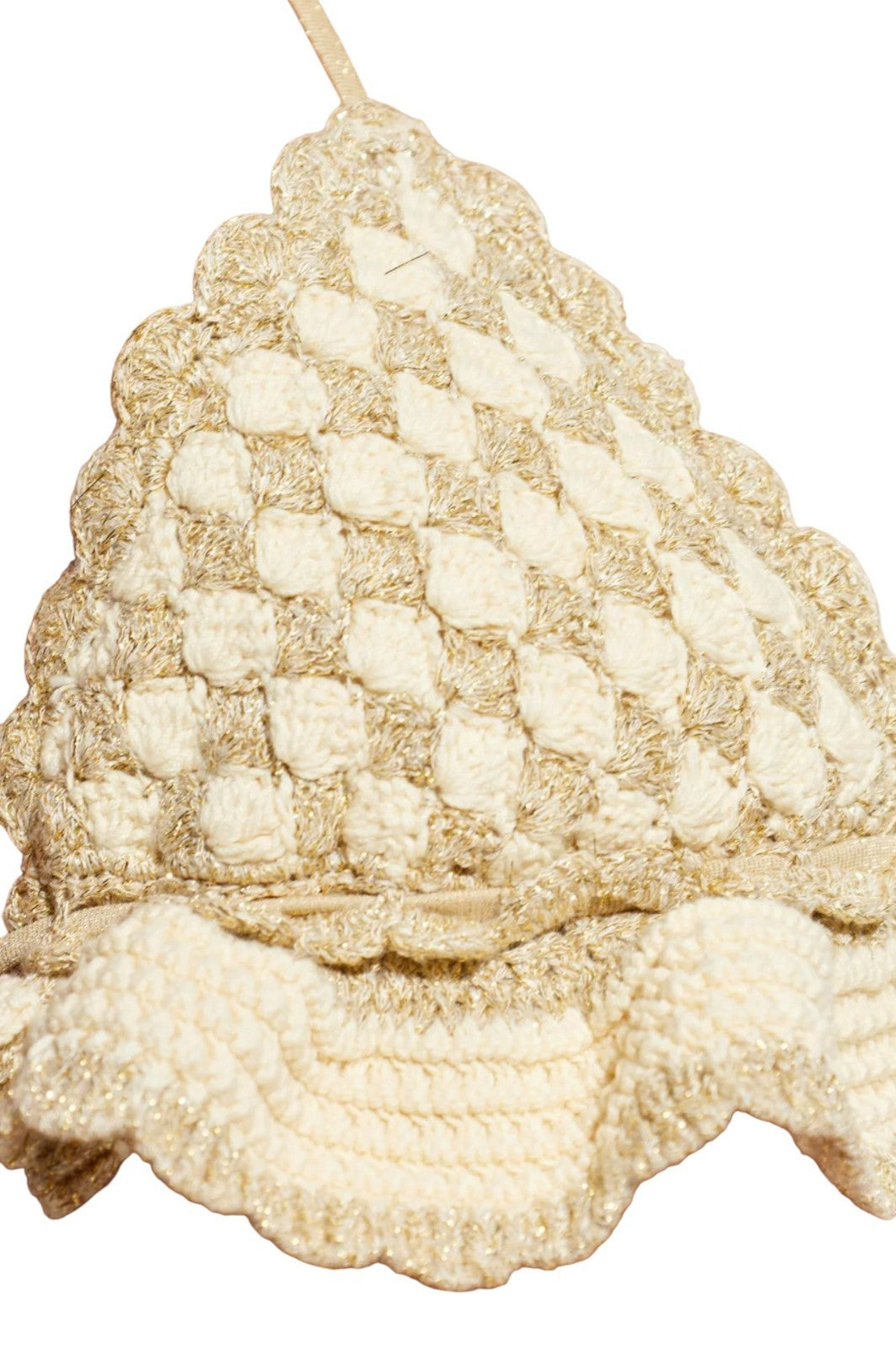 Zimmermann Wanderlust Crochet Tri Bikini |Hand-made, Metallic Gold/Cream, Ruffle