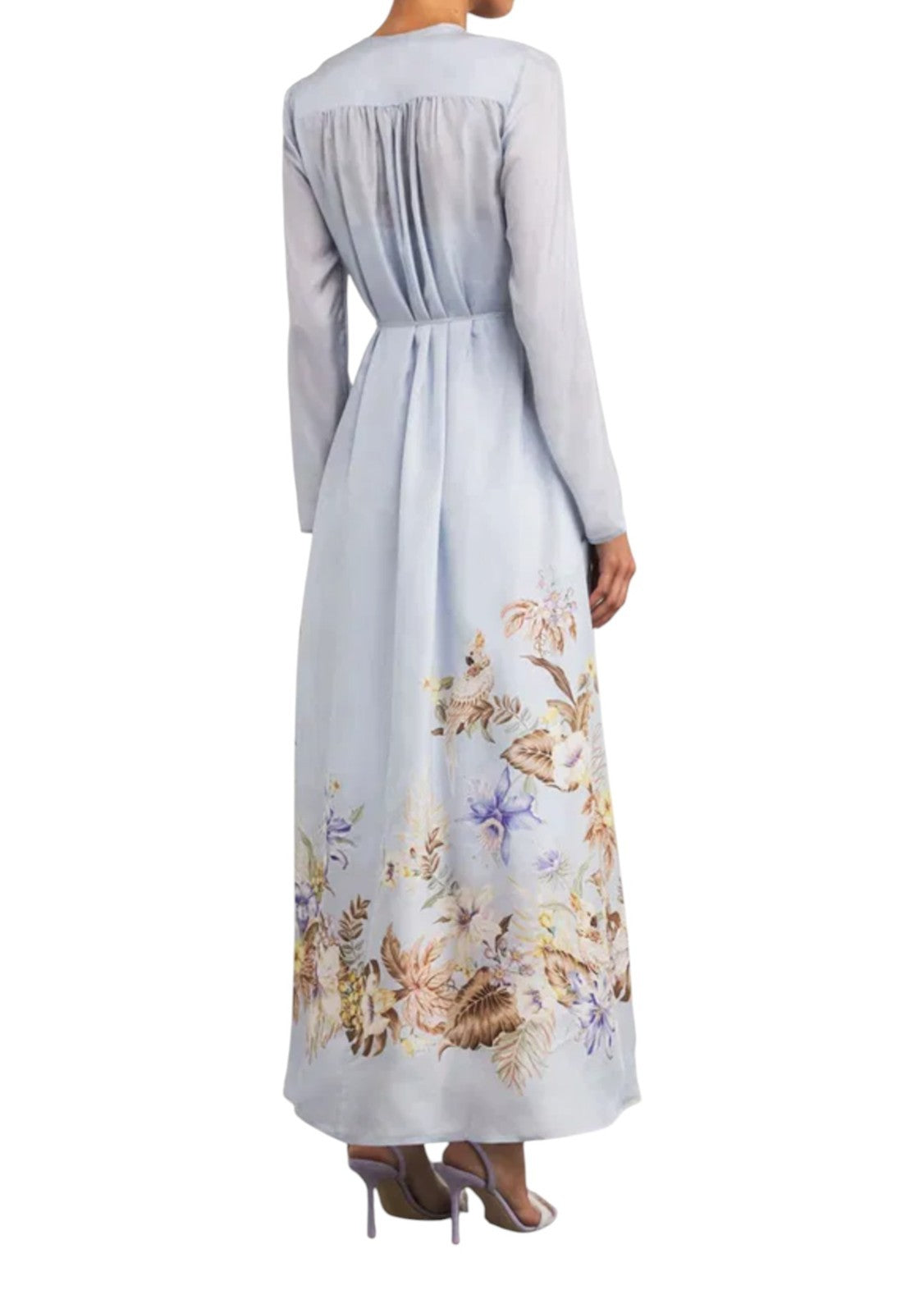 Zimmermann Coco Billow Maxi Dress | Baby Blue Floral, 100%b Silk, Long Sleeve