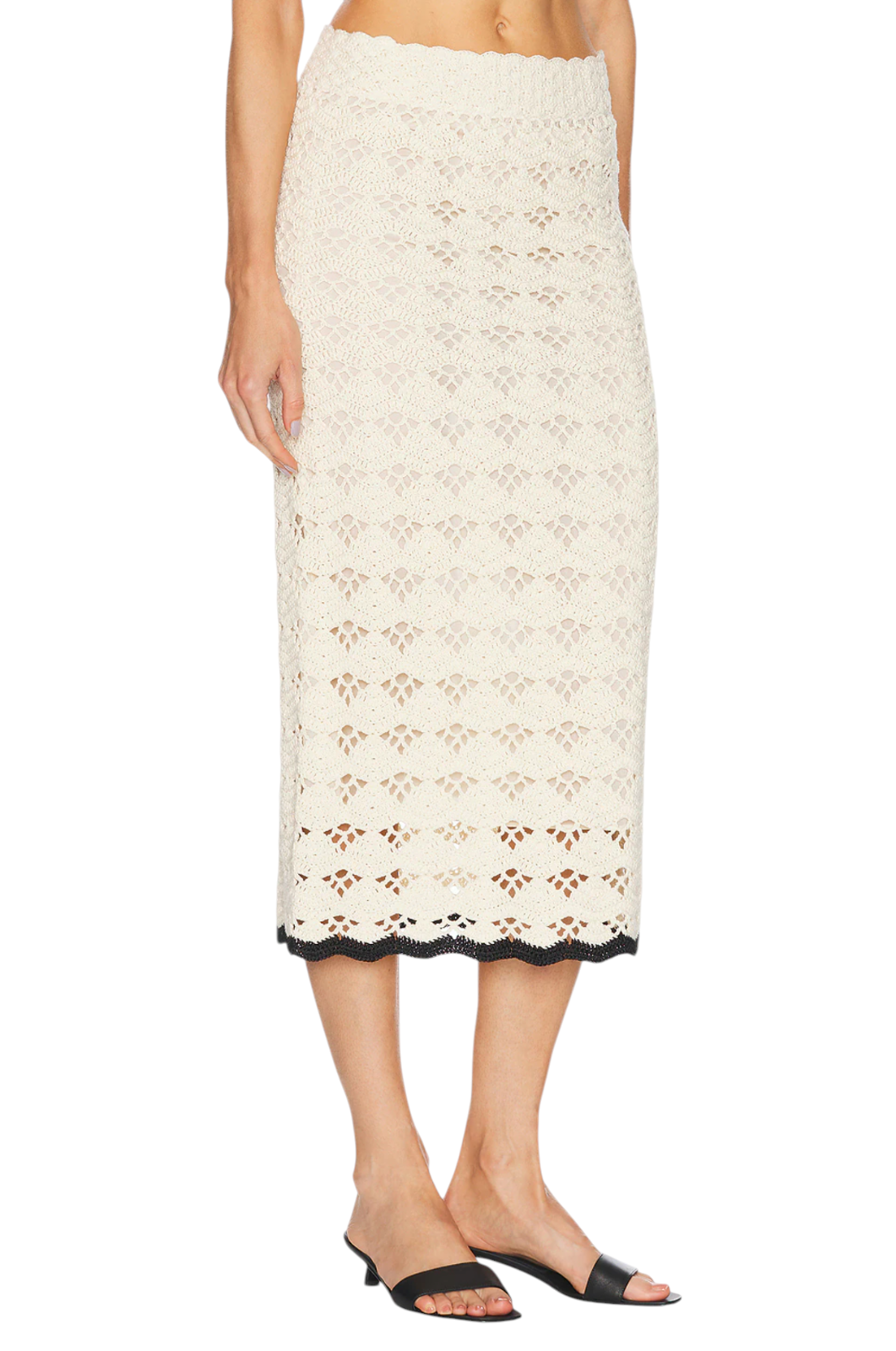 Zimmermann Rhiannon Crochet Midi Skirt |Cream/Black Trim, Stretch, Elastic Waist