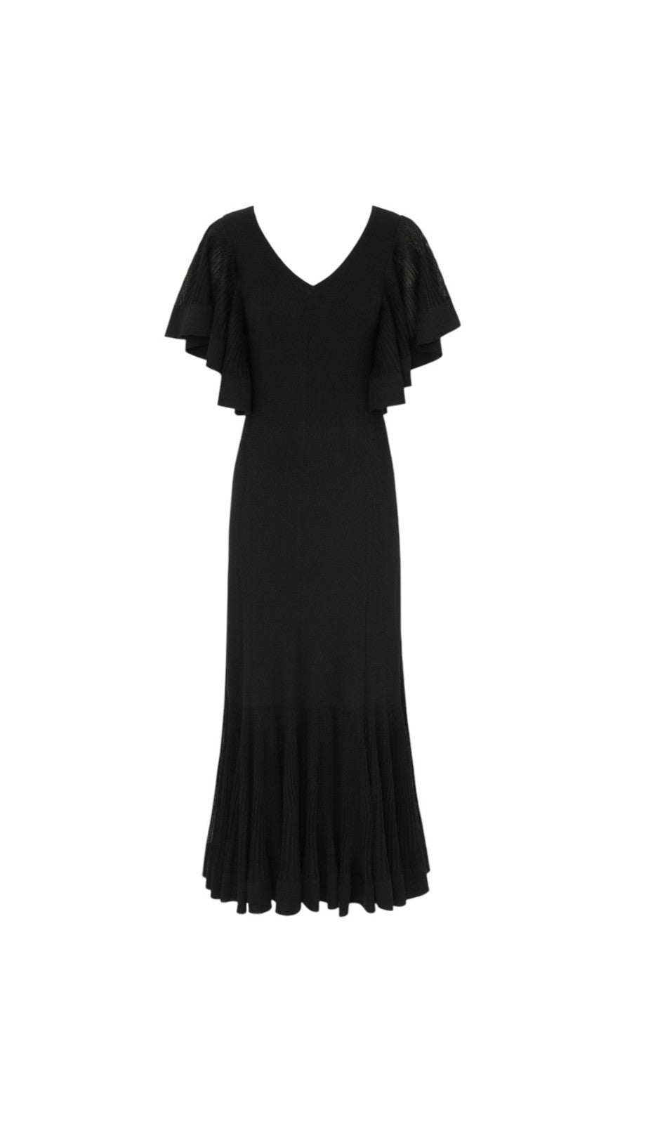 Zimmermann Pleated Frill Maxi Dress|Black, Knitted, Midi, Flutter Sleeve, V Neck