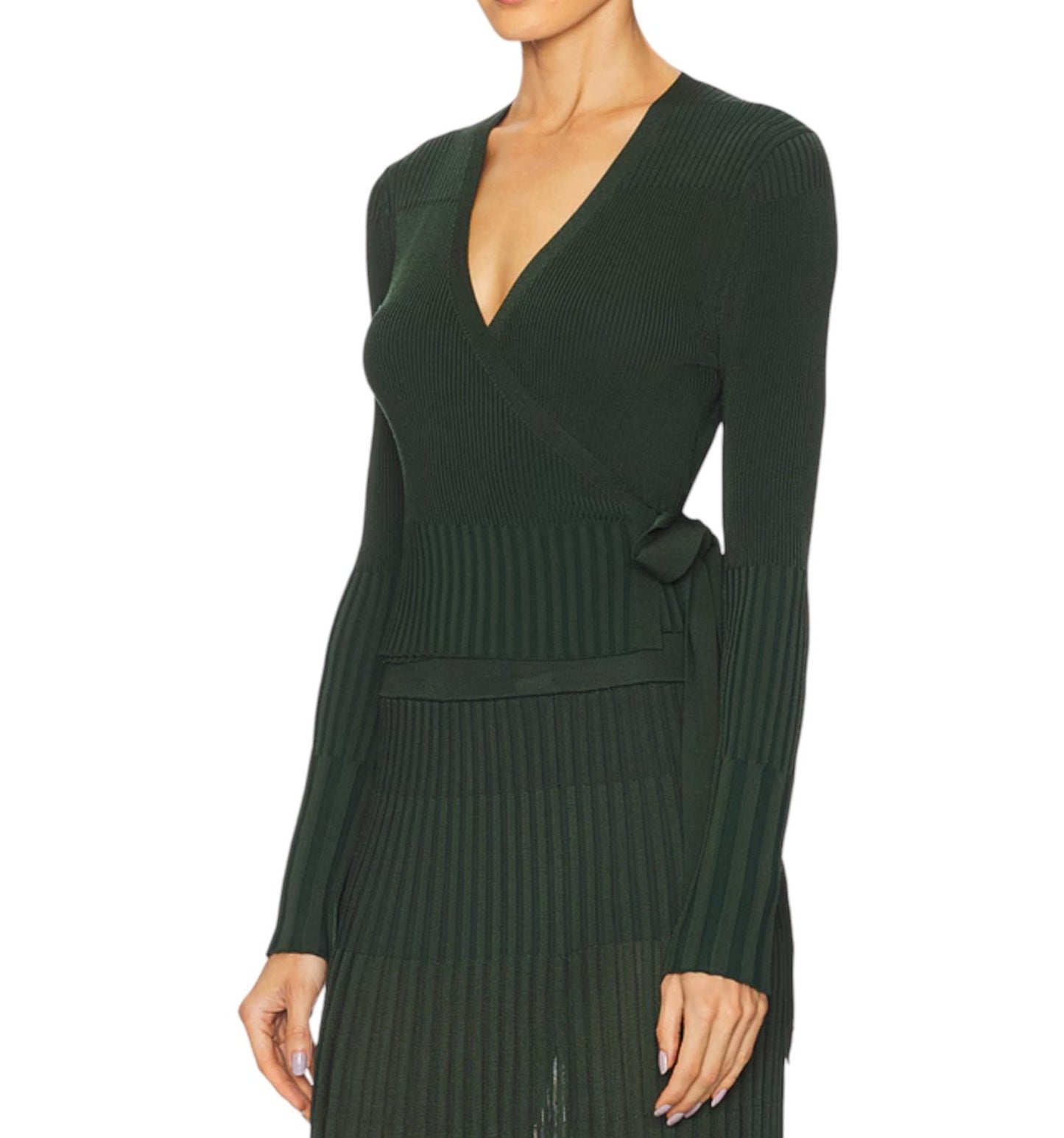 Zimmermann Ribbed Wrap Cardigan |Dark Green, Crop, Tie Close, V Neck