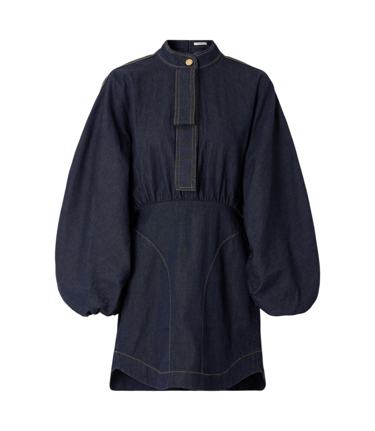 Zimmermann Denim Gathered Mini Dress| Dark Navy Blue, Puff Sleeves, Button Up