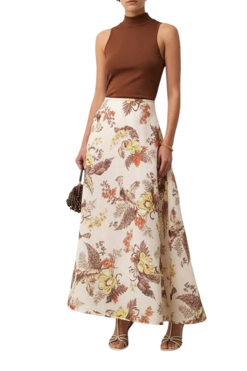 Zimmermann Matchmaker Floral Flare Skirt | White/Brown, Linen/Silk Blend, Midi
