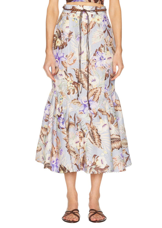 Zimmermann Coco Fit + Flare Midi Skirt | Powder Blue/Brown Floral, Belt, Linen